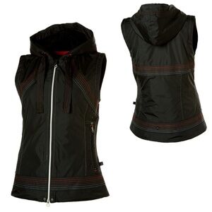 Prana Bolero Women's Black Hooded Vest Large Zipper yoga hiking layering gym